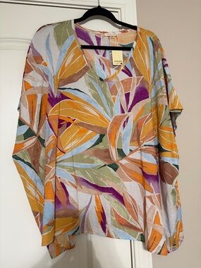 Multicolor Tropical Leaf V-Neck Flowy Blouse